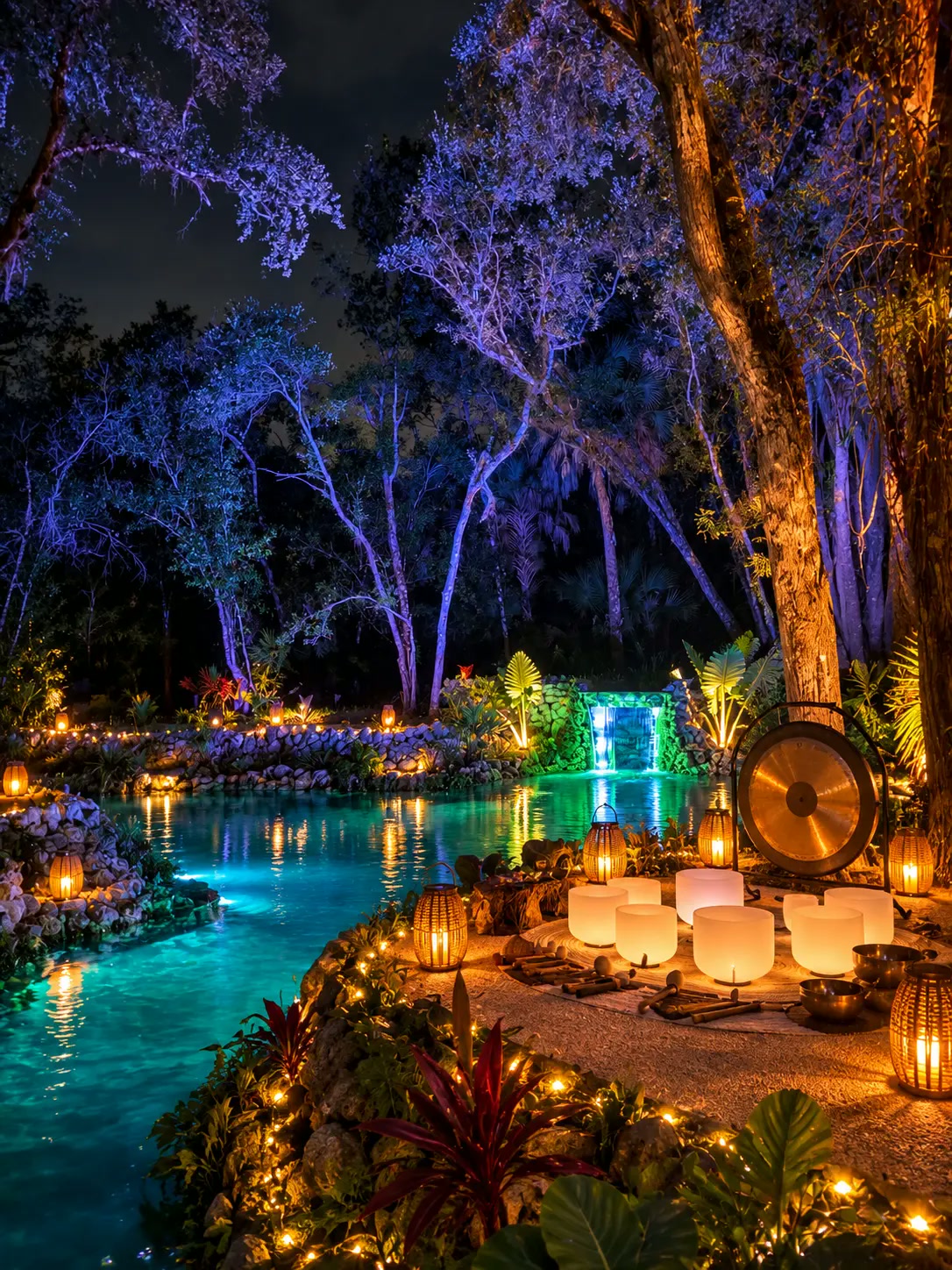 Crystal singing bowls and a gong glowing beside the pond at night