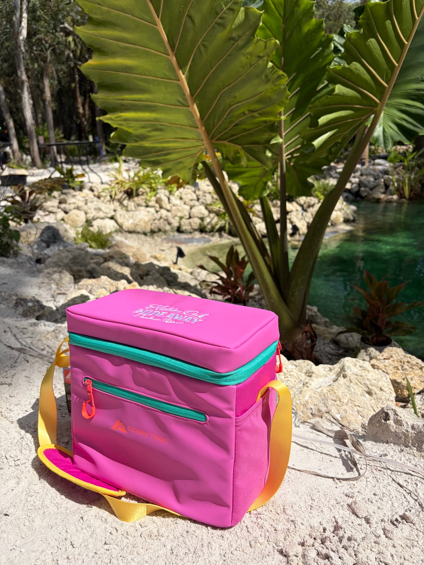 Pink Hidden Oak Hideaway embroidered cooler bag by the pond